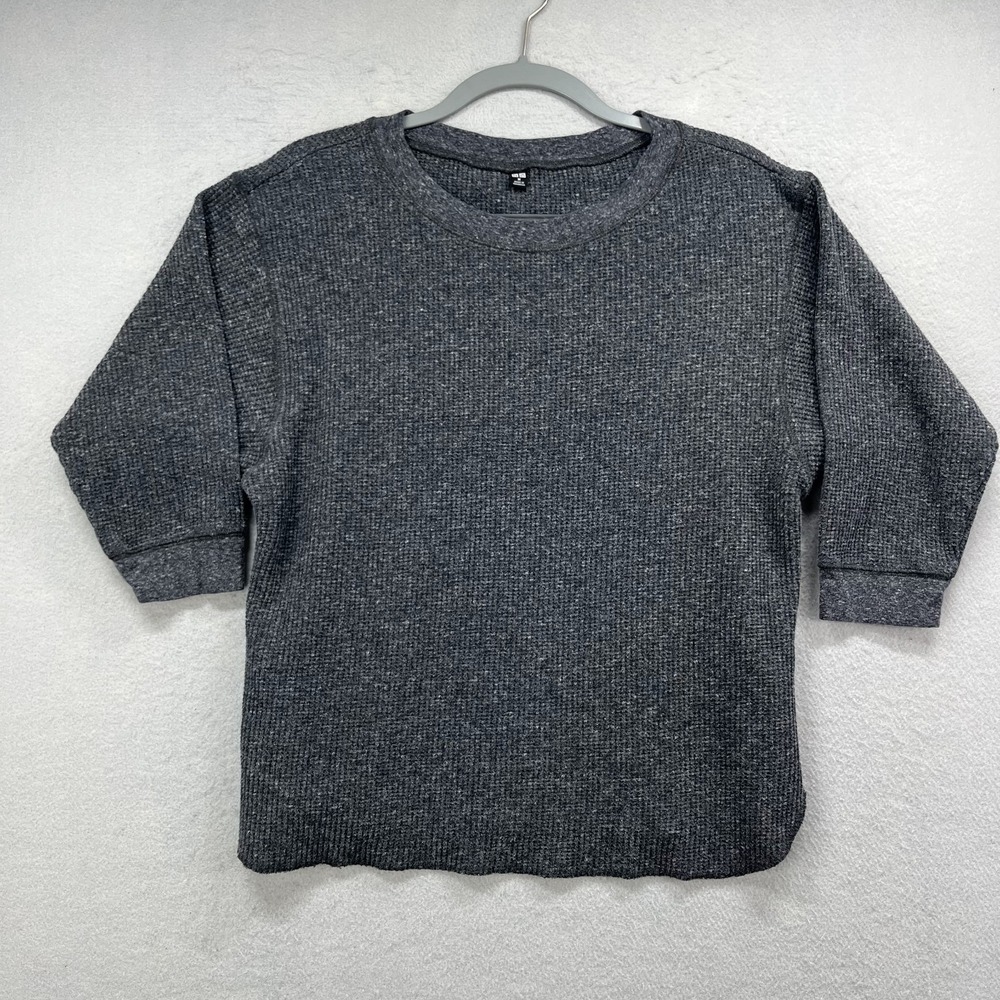 Uniqlo Waffle Knit Top Womens Medium Gray Thermal 3/4 Sleeve Crew Neck Sweater